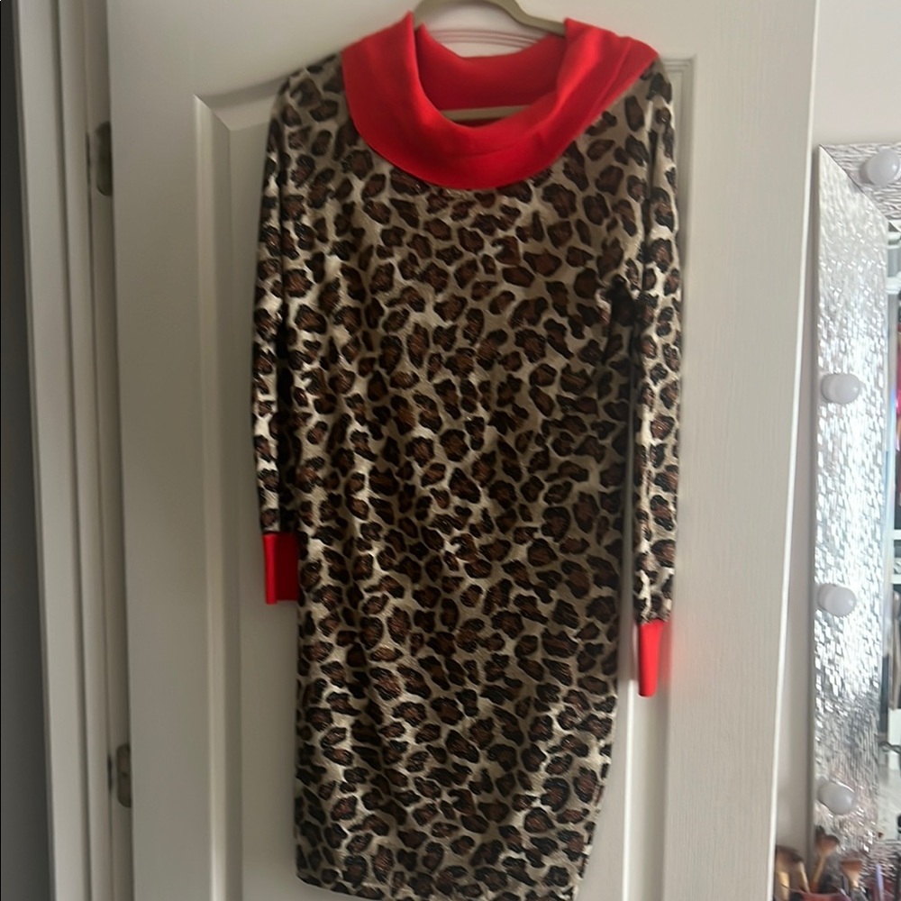 Red and Brown Long Sleeve Cowl Neck Sheath Dress